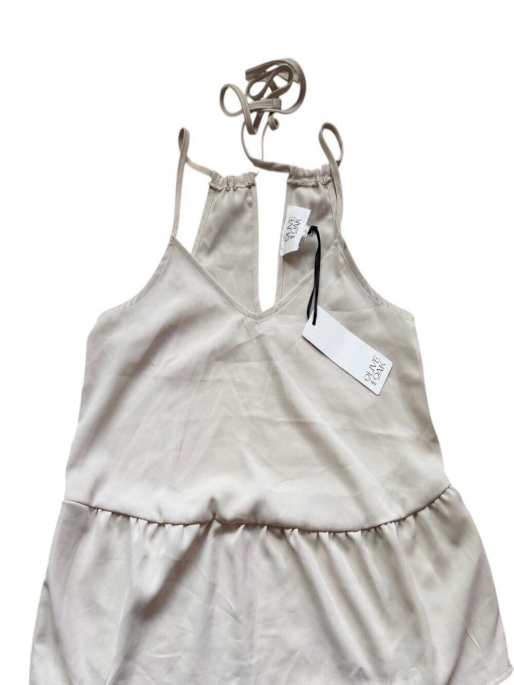 Olive & Oak Womens XS Peplum Cami Top Beige Tie Back V Neck Sleeveless NWT